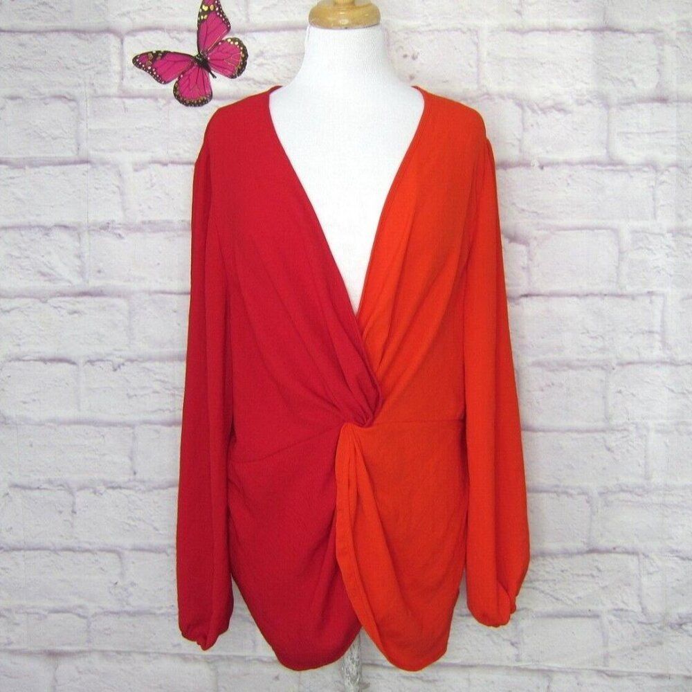 ASOS size 14 US Red & Orange Color Block Twist Front Long Sleeve Blouse New!